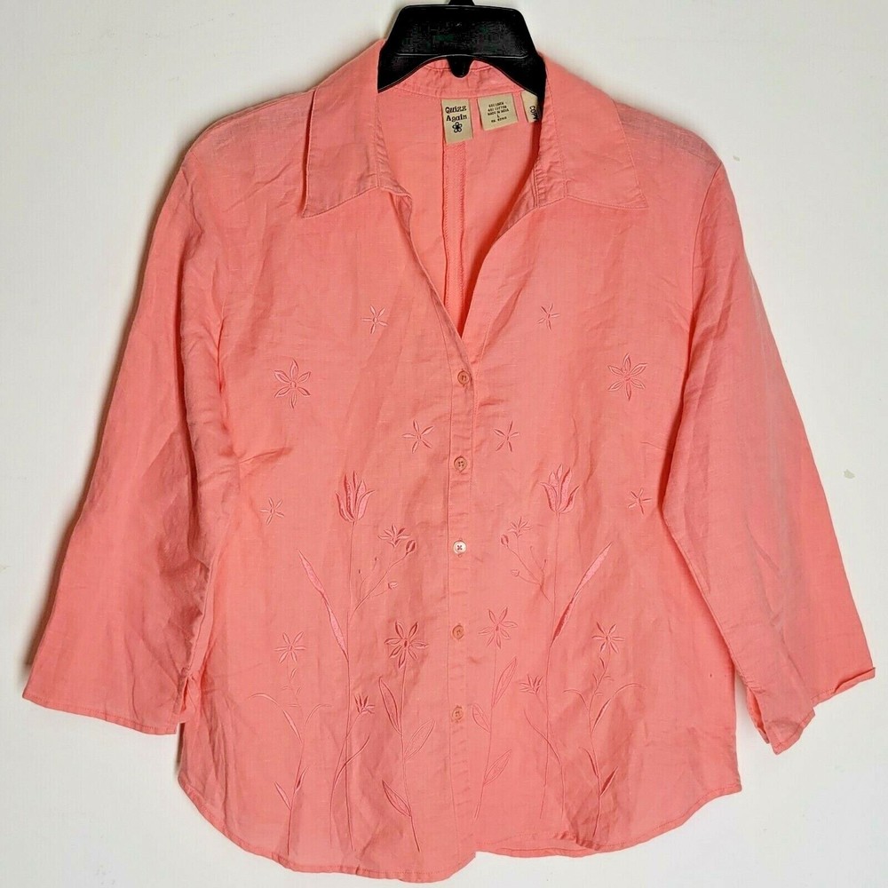 Quizz Again Women Blouse Pink Floral Embroidered 3/4 Sleeve Button-Down Large